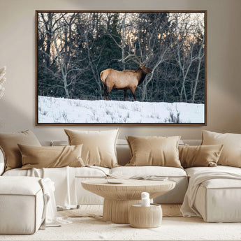 36533178-MGV-FC-36X24_Walnut-Wild Elk Photography Wall Art Canvas Print, Framed Winter Wildlife Art Picture Print, Snowy Forest Perfect Rustic Lodge Decor