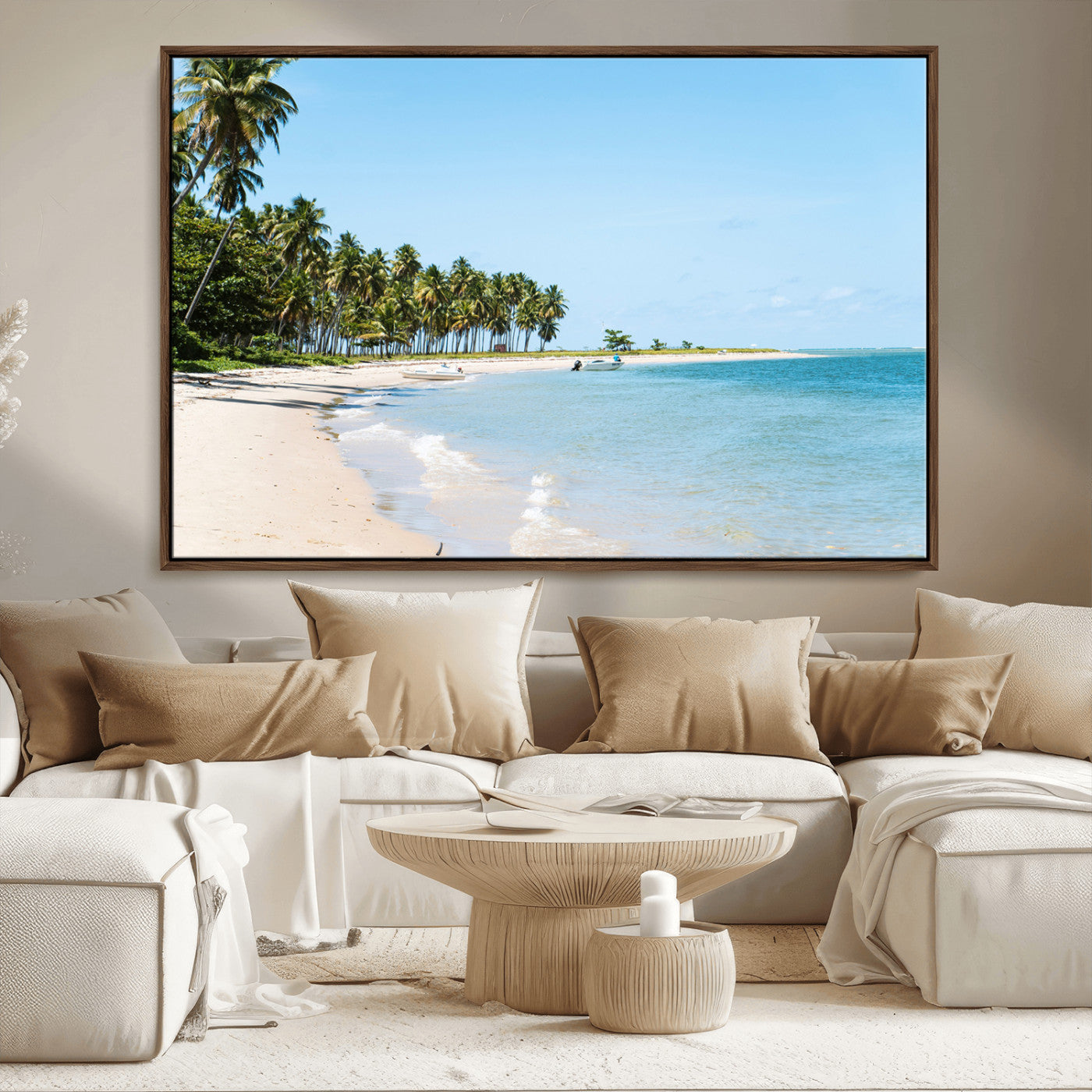37858872-MGV-CV-36X24-Palm Tree Coast Wall Art Canvas Print, Framed Island Getaway Art Picture Print, Crystal Blue Water Perfect Tropical Coastal Decor