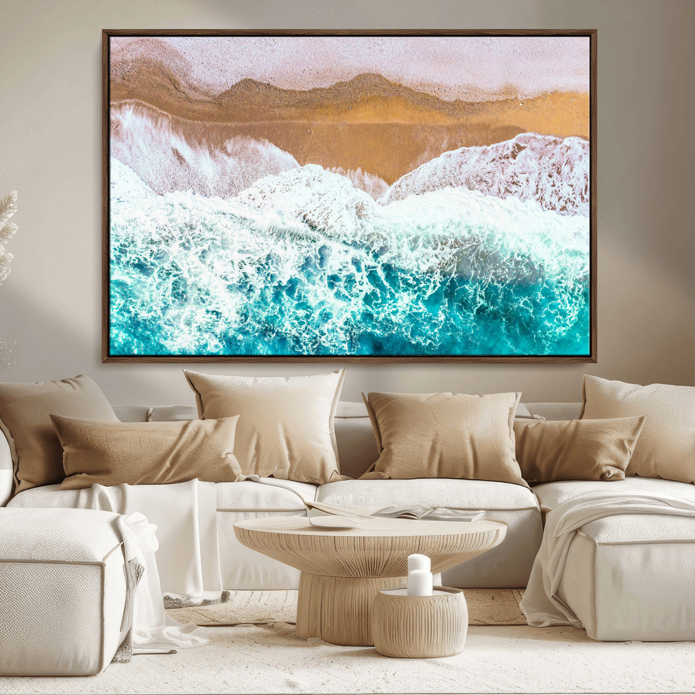 26870666-MGV-CV-36X24-Aerial Beach Wall Art Canvas Print, Framed Ocean Waves Art Picture Print, Coastal Landscape Perfect Coastal Minimalist Decor
