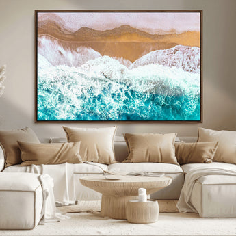 26870666-MGV-CV-36X24-Aerial Beach Wall Art Canvas Print, Framed Ocean Waves Art Picture Print, Coastal Landscape Perfect Coastal Minimalist Decor