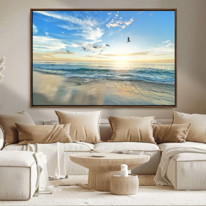 20708696-MGV-CV-36X24-Minimalist Seaside Wall Art Canvas Print, Framed Morning Glow Art Picture Print, Golden Reflections Perfect Coastal Minimalist