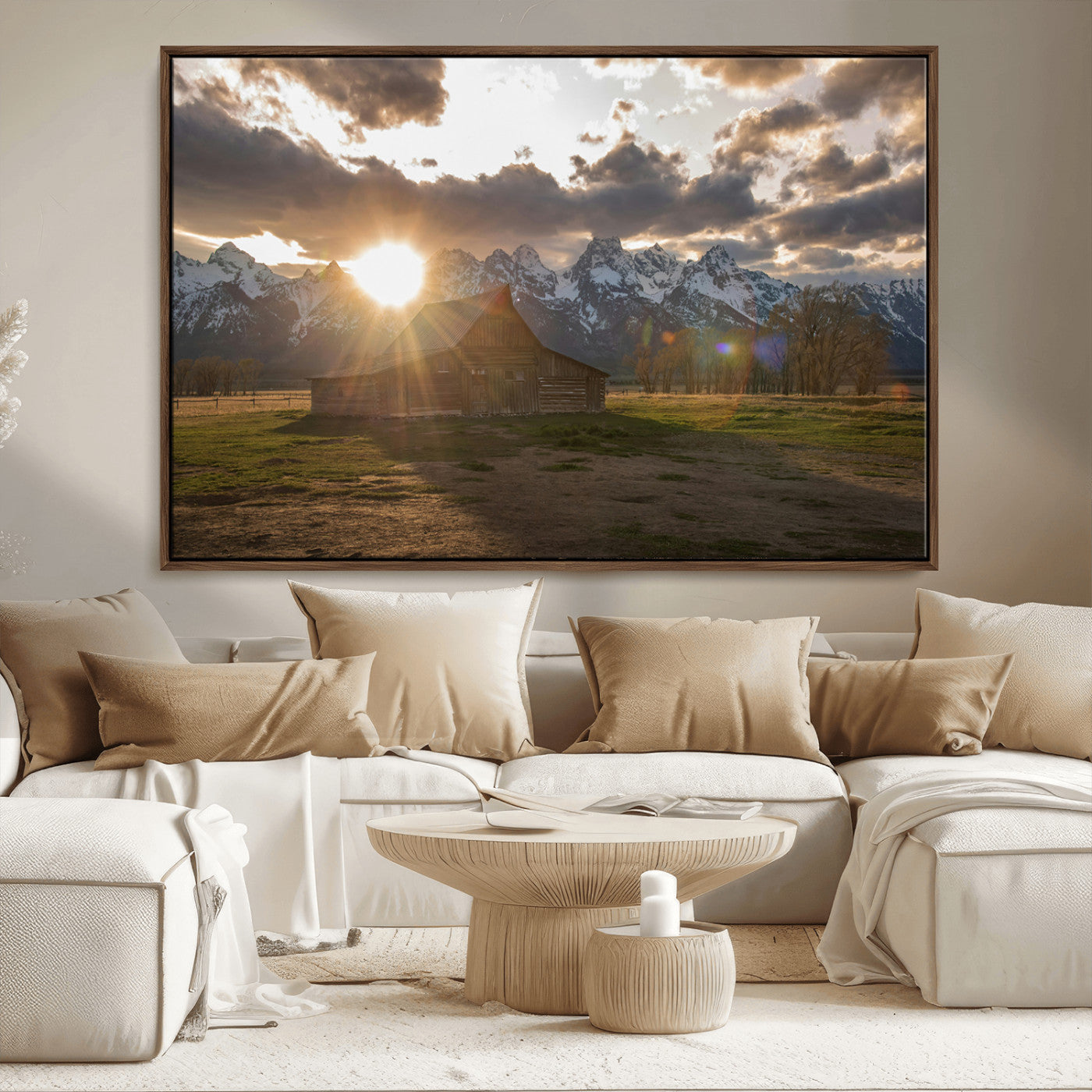 52555760-MGV-FC-36X24_Walnut-Snowy Peaks Wall Art Canvas Print, Framed Nature Escape Art Picture Print, Rustic Charm Perfect Rustic Western Decor Artwork