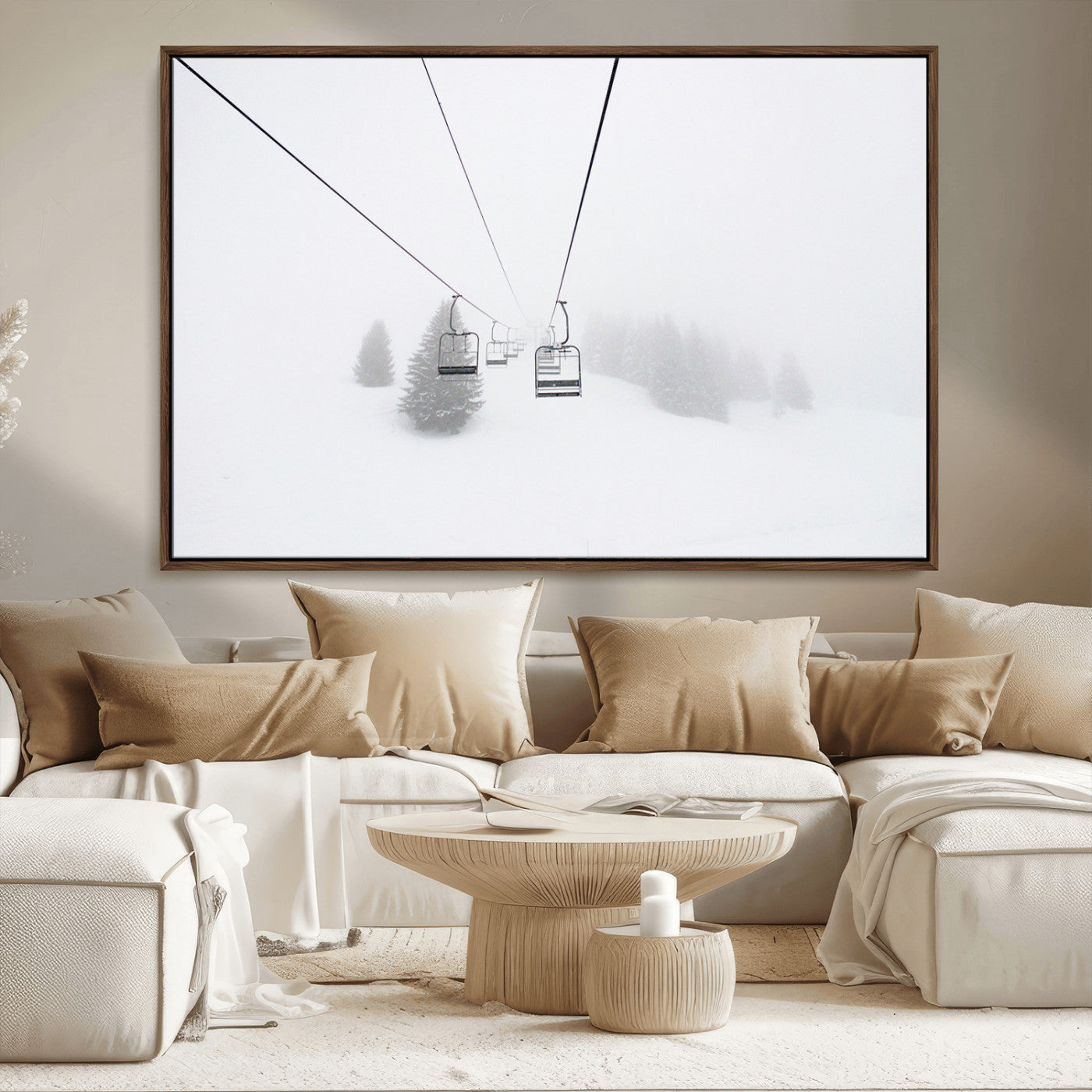 20216390-MGV-CV-36X24-Ski Lift Wall Art Canvas Print, Framed Snowy Landscape Art Picture Print, Alpine Adventure Perfect Nordic Minimalist Decor Artwork