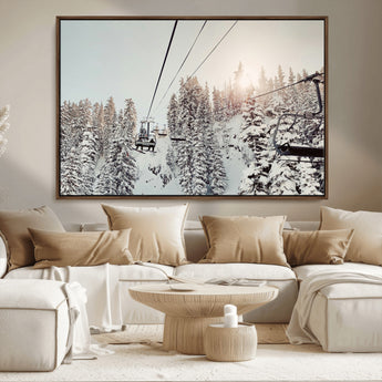 91534512-MGV-CV-36X24-Frosty Pines Wall Art Canvas Print, Framed Cozy Cabin View Art Picture Print, Ski Lift Ride Perfect Rustic Lodge Decor Artwork