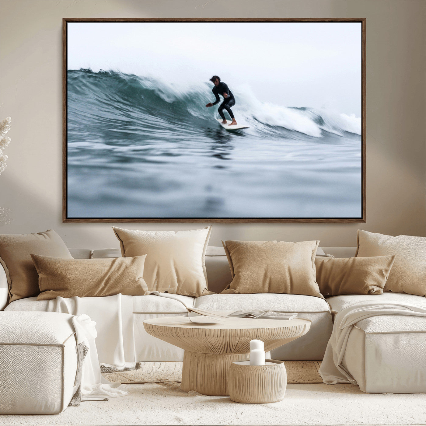 11693607-MGV-FC-36X24_Walnut-Surfer on Wave Wall Art Canvas Print, Framed Ocean Adventure Art Picture Print, Motion Blur Water Perfect Coastal Adventure Decor