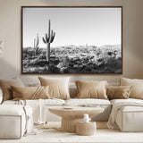 85205054-MGV-FC-36X24_Walnut-Saguaro Cactus Wall Art Canvas Print, Framed Monochrome Landscape Art Picture Print, Scenic Arizona View Perfect Minimalist
