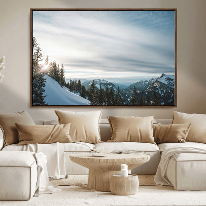 55564749-MGV-FC-36X24_Walnut-Snowy Mountains Wall Art Canvas Print, Framed Alpine Landscape Art Picture Print, Frosty Peaks Perfect Nordic Minimalist Decor