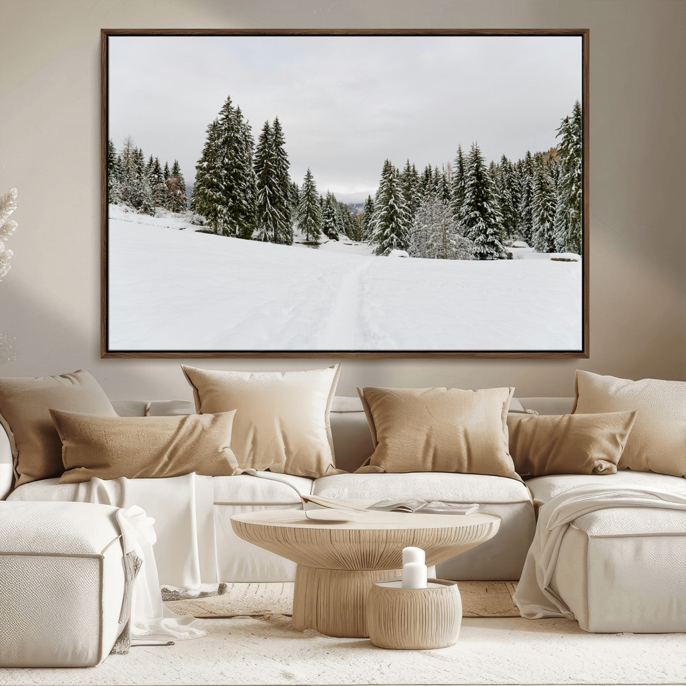 24581417-MGV-CV-36X24-Frosty Pines Wall Art Canvas Print, Framed Silent Snowfall Art Picture Print, Cozy Cabin Vibes Perfect Nordic Minimalist Decor