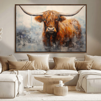 X61001-MGV-FC-36X24_Walnut-Scottish Highland Wall Art Canvas Print, Framed Longhorn Art Picture Print, Western Cow Perfect Farmhouse Decor Artwork