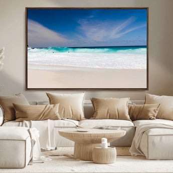 55017356-MGV-CV-36X24-Ocean Beach Wall Art – Turquoise Wave and White Sand Shoreline Canvas Print, Coastal Seascape Photography Decor for Living Room,