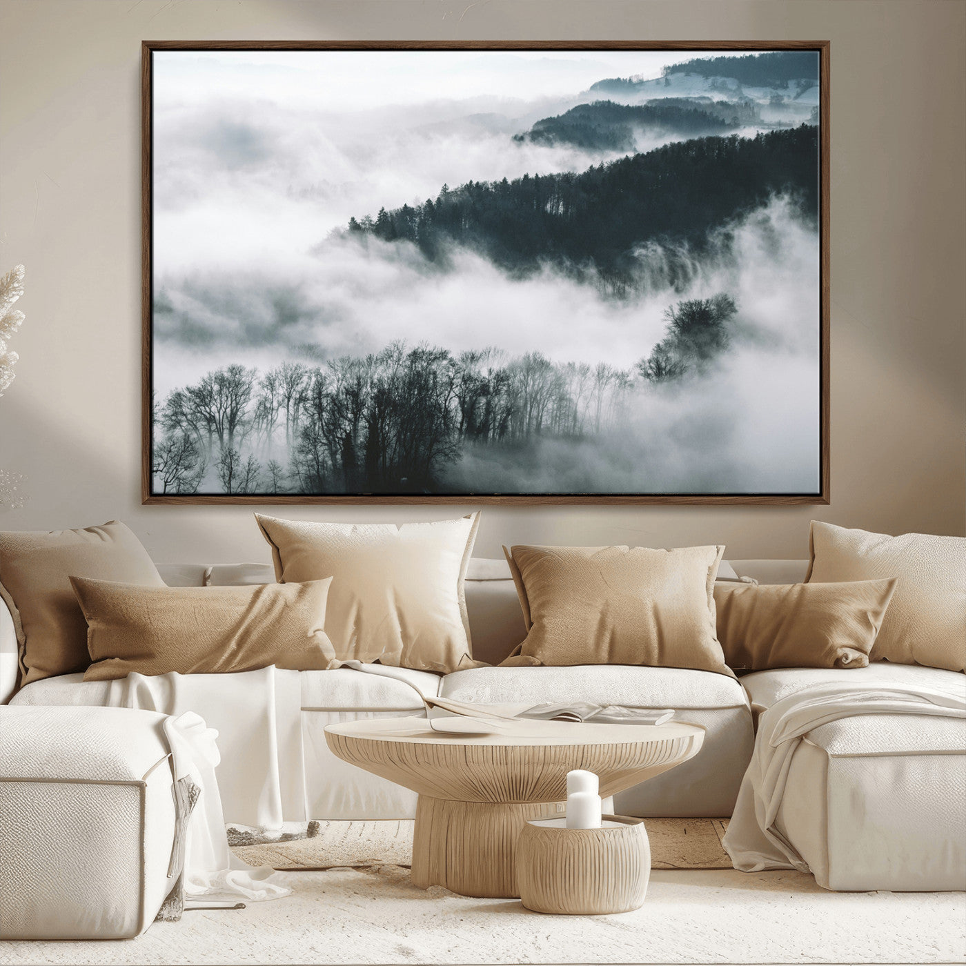 67569654-MGV-CV-36X24-Foggy Forest Wall Art – Mist Covered Hills and Trees Landscape Canvas Print, Moody Nature Photography Decor for Living Room,