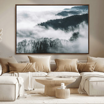 67569654-MGV-CV-36X24-Foggy Forest Wall Art – Mist Covered Hills and Trees Landscape Canvas Print, Moody Nature Photography Decor for Living Room,