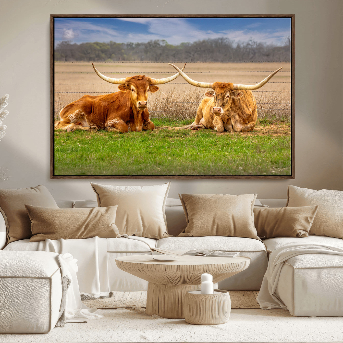 54598515-MGV-FC-36X24_Walnut-Texas Longhorns Wall Art – Rustic Cattle Ranch Canvas Print, Western Farmhouse Animal Photography Decor for Living Room, Office,