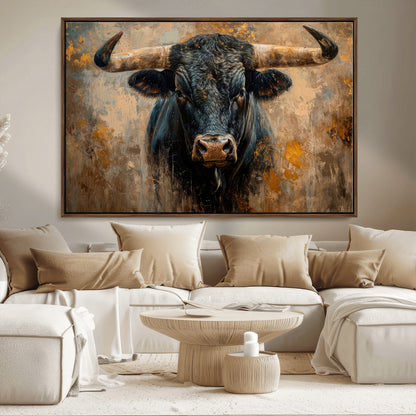 91615410-MGV-CV-36X24-Bull Wall Art – Rustic Western Longhorn Canvas Print, Powerful Abstract Animal Painting, Farmhouse Ranch Decor for Living Room,