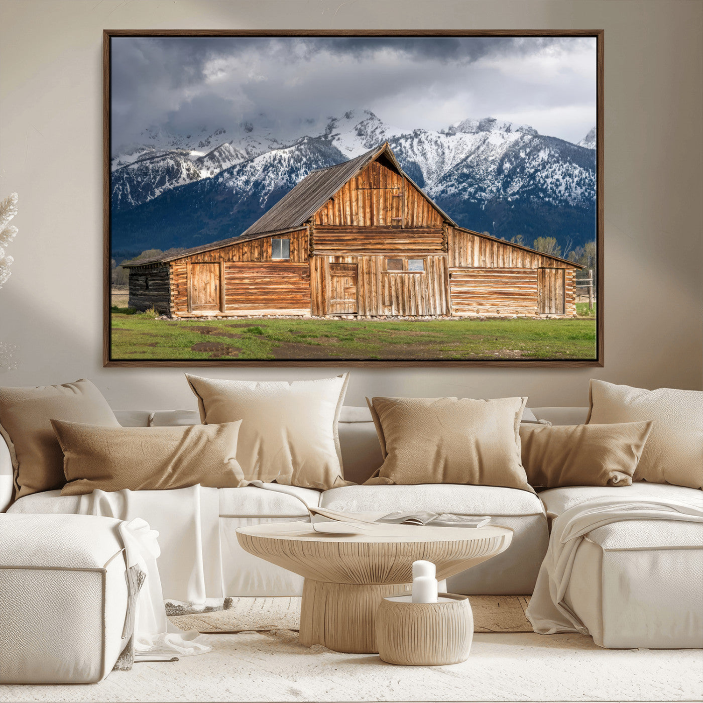 15173627-MGV-CV-36X24-Barn Wall Art – Rustic Wooden Cabin Canvas Print with Snowy Mountain Landscape, Western Farmhouse Country Decor for Living Room,