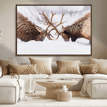99240306-MGV-CV-36X24-Elk Wall Art – Two Bull Elk Fighting in Snow Canvas Print, Rustic Wildlife Artwork for Cabin, Lodge, Western Farmhouse, Nature &
