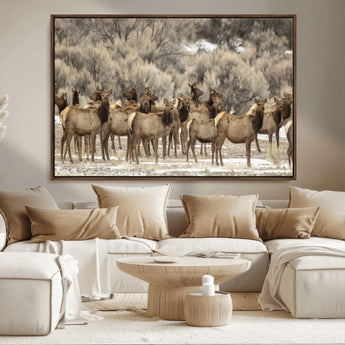 93076148-MGV-FC-36X24_Walnut-Elk Herd Wall Art – Wildlife Canvas Print of Elk in Winter Landscape, Rustic Western Cabin & Lodge Décor, Nature Photography for