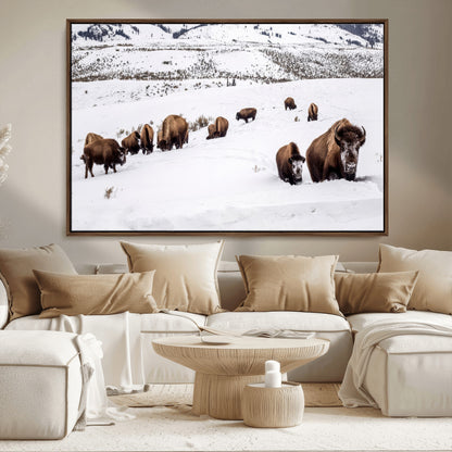 38217250-MGV-FC-36X24_Walnut-Bison Herd Wall Art – Wildlife Canvas Print of Buffalo Winter Snow Scene, Rustic Western Lodge Décor, Farmhouse & Cabin Nature