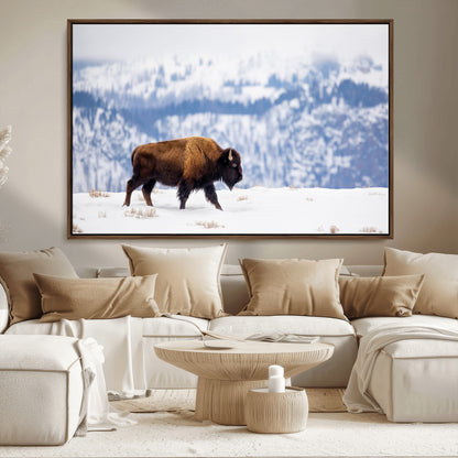 21623194-MGV-FC-36X24_Walnut-Snow Bison Wall Art – Majestic Buffalo Wildlife Canvas Print, Winter Nature Décor for Rustic Living Room, Farmhouse, Cabin, Lodge