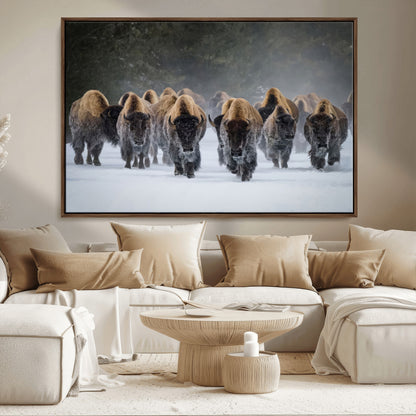 30332489-MGV-CV-36X24-Winter Bison Herd Wall Art – Powerful Buffalo Canvas Print, Rustic Wildlife Photography Decor for Farmhouse, Cabin, Lodge, Living