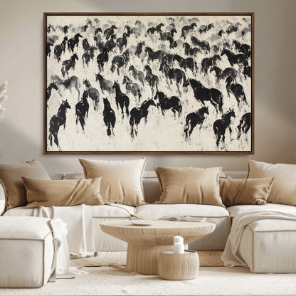 29265745-MGV-CV-36X24-Wild Horse Herd Wall Art – Black and White Galloping Horses Canvas Print, Rustic Western Farmhouse Décor for Living Room, Bedroom,
