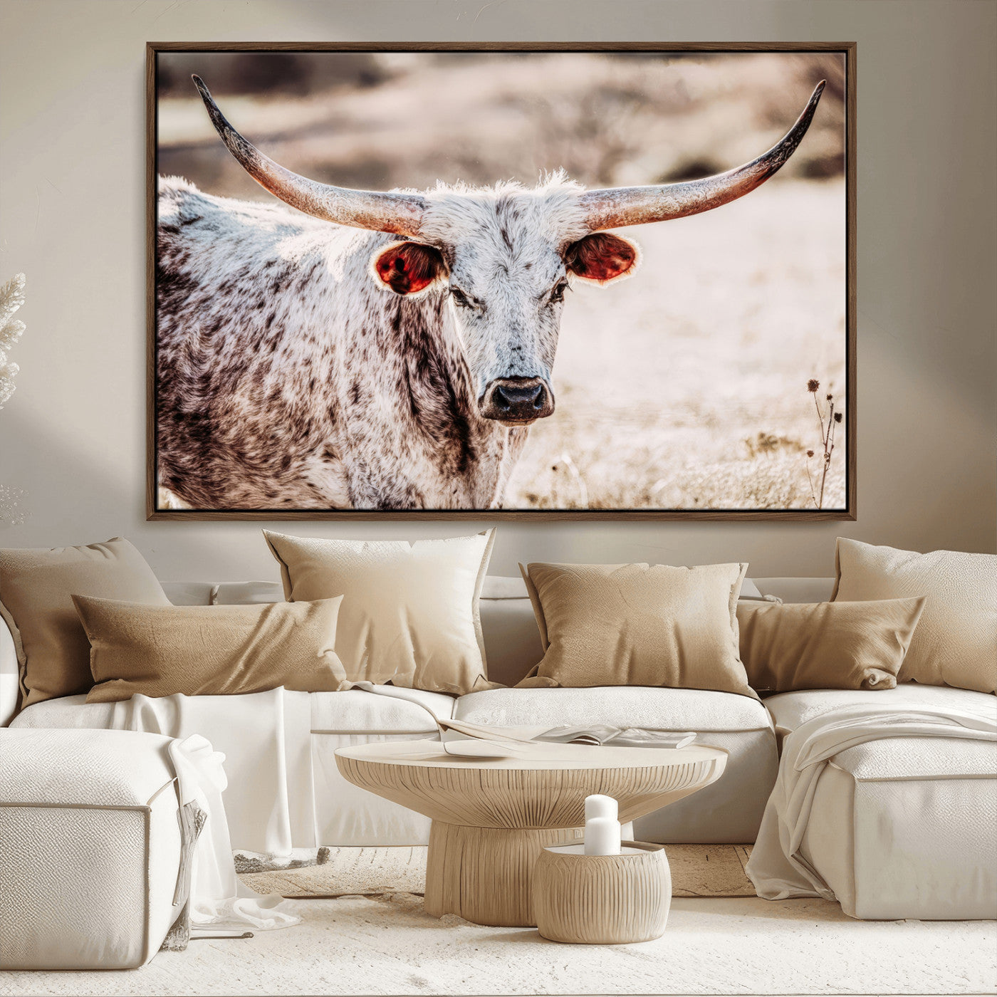 72388892-MGV-CV-36X24-Texas Longhorn Wall Art – Rustic Western Canvas Print, Cowboy Style Farmhouse Bull Artwork for Living Room, Ranch, Office or Man