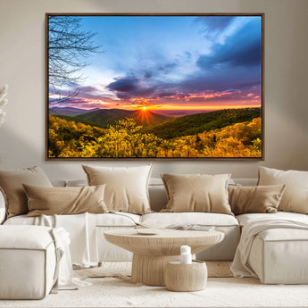 25786346-MGV-CV-36X24-Sunset Over Mountains Wall Art – Nature Landscape Canvas Print, Golden Hour Forest Photography, Scenic Sunrise Artwork for Living