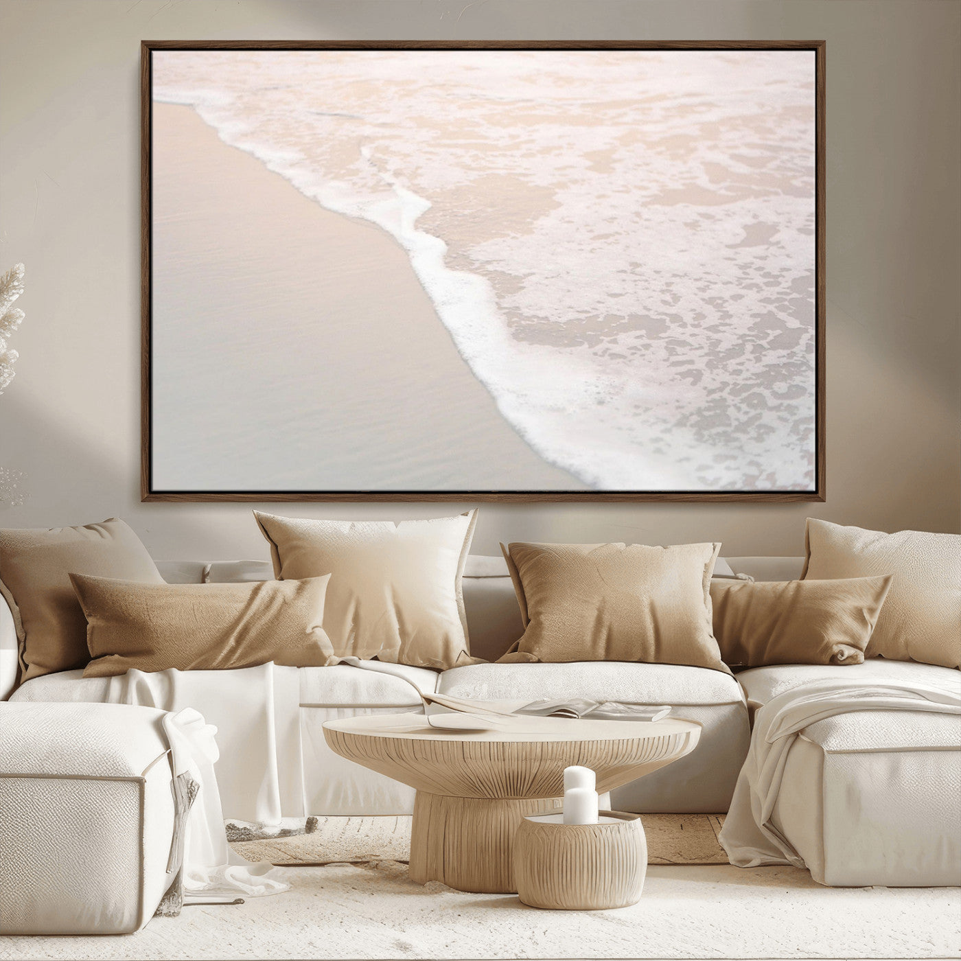 28414510-MGV-CV-36X24-Ocean Shoreline Wall Art – Minimal Coastal Beach Canvas Print, Soft Sea Foam and Sand Photography Artwork, Relaxing Nautical Decor