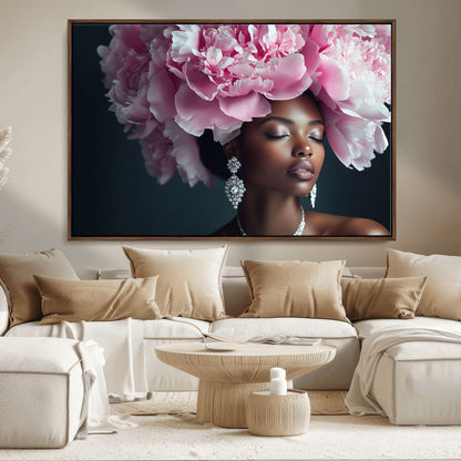 35482880-MGV-CV-36X24-Floral Portrait Wall Art – Elegant Woman with Pink Peony Headpiece Canvas Print, Luxury Fashion Inspired Artwork, Modern Glam