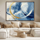 42475677-MGV-CV-36X24-Blue and Gold Abstract Wall Art – Modern Luxury Canvas Print, Navy White Brushstroke Painting, Contemporary Home Office Living
