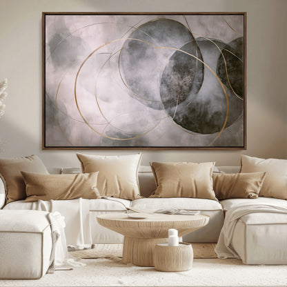 20066876-MGV-CV-36X24-Neutral Abstract Circle Wall Art – Modern Gray Beige Gold Canvas Print, Minimalist Geometric Painting for Bedroom, Living Room,