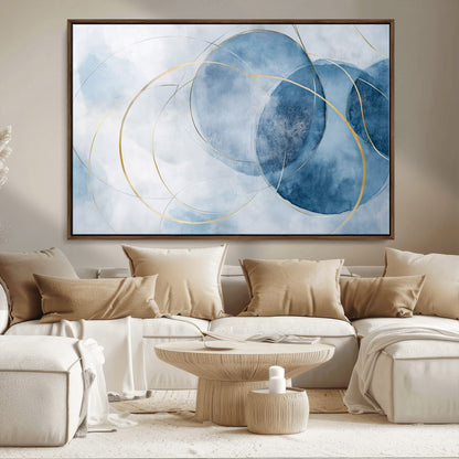 47060443-MGV-CV-36X24-Blue Abstract Circle Wall Art – Modern Gold and Navy Canvas Print, Minimalist Geometric Painting for Living Room, Bedroom, Office
