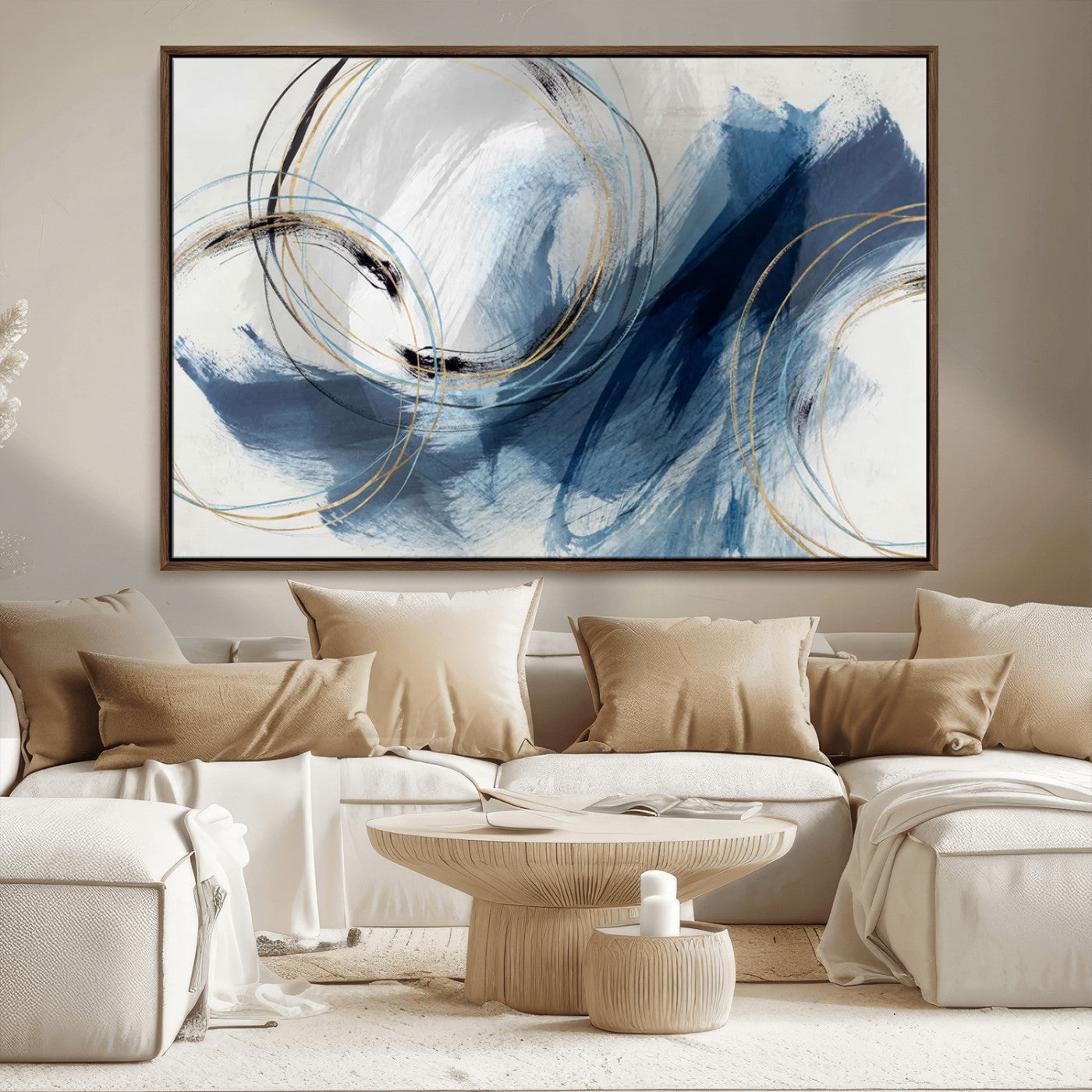 49589477-MGV-CV-36X24-Blue Abstract Wall Art – Modern Circle Canvas Print with Gold and Black Accents, Contemporary Fluid Brushstroke Painting for