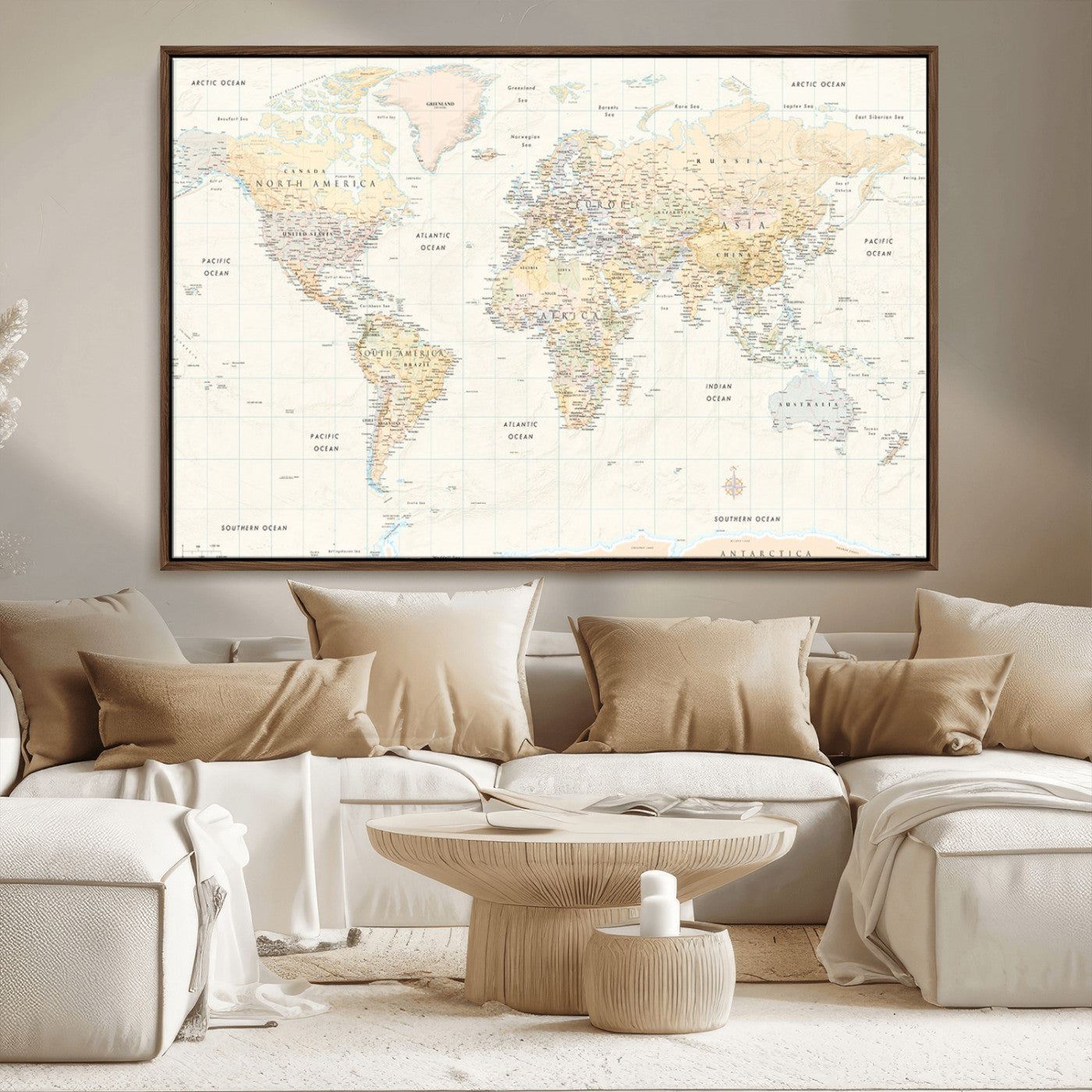 40660043-MGV-CV-36X24-World Map Wall Art – Large Detailed Atlas Style Map Print with Countries, Cities, and Oceans, Neutral Beige and Tan Educational