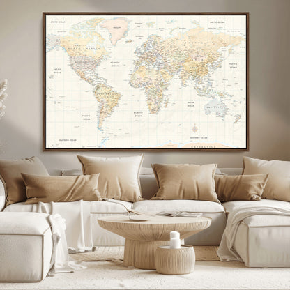 40660043-MGV-CV-36X24-World Map Wall Art – Large Detailed Atlas Style Map Print with Countries, Cities, and Oceans, Neutral Beige and Tan Educational