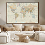 41929777-MGV-CV-36X24-World Map Wall Art – Large Detailed Political Atlas Style Map Print with Countries, Cities, and Oceans, Warm Earth Tone