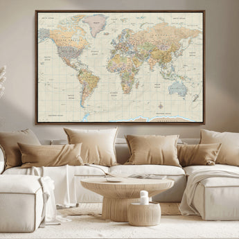 41929777-MGV-CV-36X24-World Map Wall Art – Large Detailed Political Atlas Style Map Print with Countries, Cities, and Oceans, Warm Earth Tone