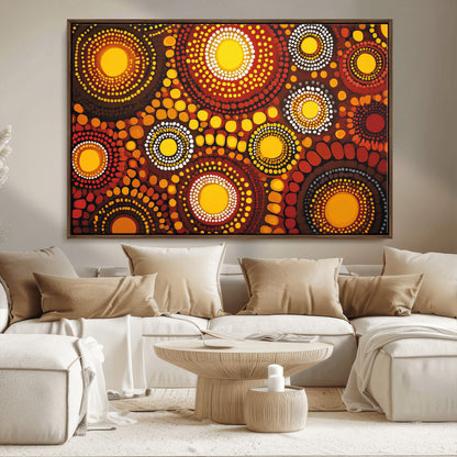 81120549-MGV-FC-36X24_Walnut-Abstract Dot Painting Wall Art – Vibrant Tribal Boho Style Canvas Print with Sunburst Mandala Circles in Warm Red, Yellow, Orange