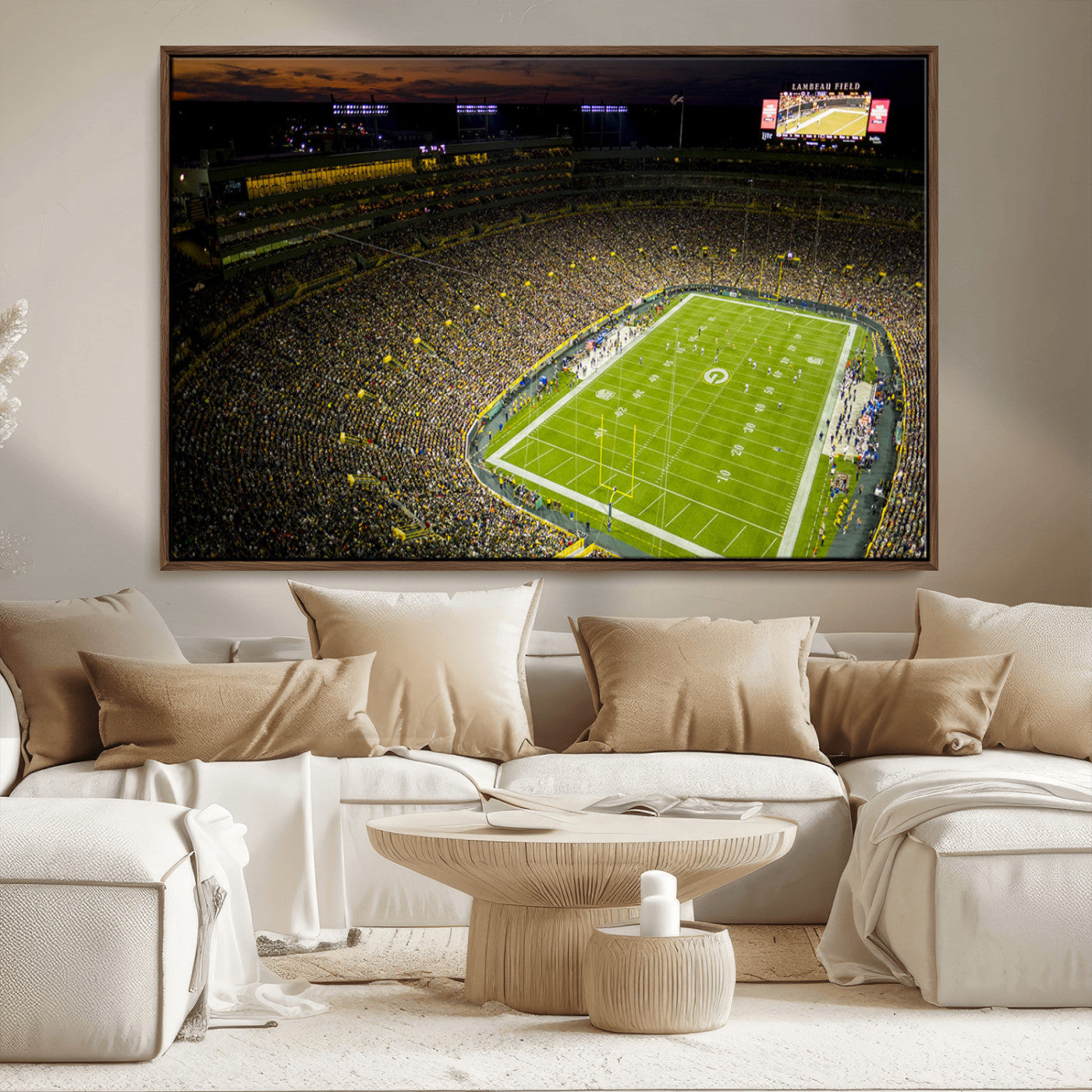 23655234-MGV-FC-36X24_Walnut-Lambeau Field Stadium Wall Art – American Football Night Game Canvas Print with Packed Crowd and Lights – Sports Decor for Man