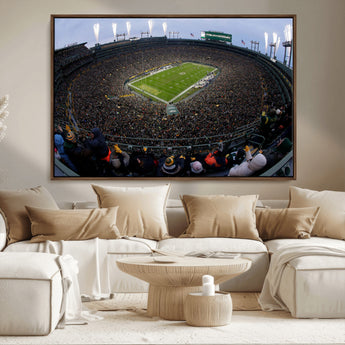 14387817-MGV-CV-36X24-Lambeau Field Stadium Wall Art – Green Bay Packers Game Day Canvas Print with Fireworks and Crowd – NFL Football Fan Man Cave