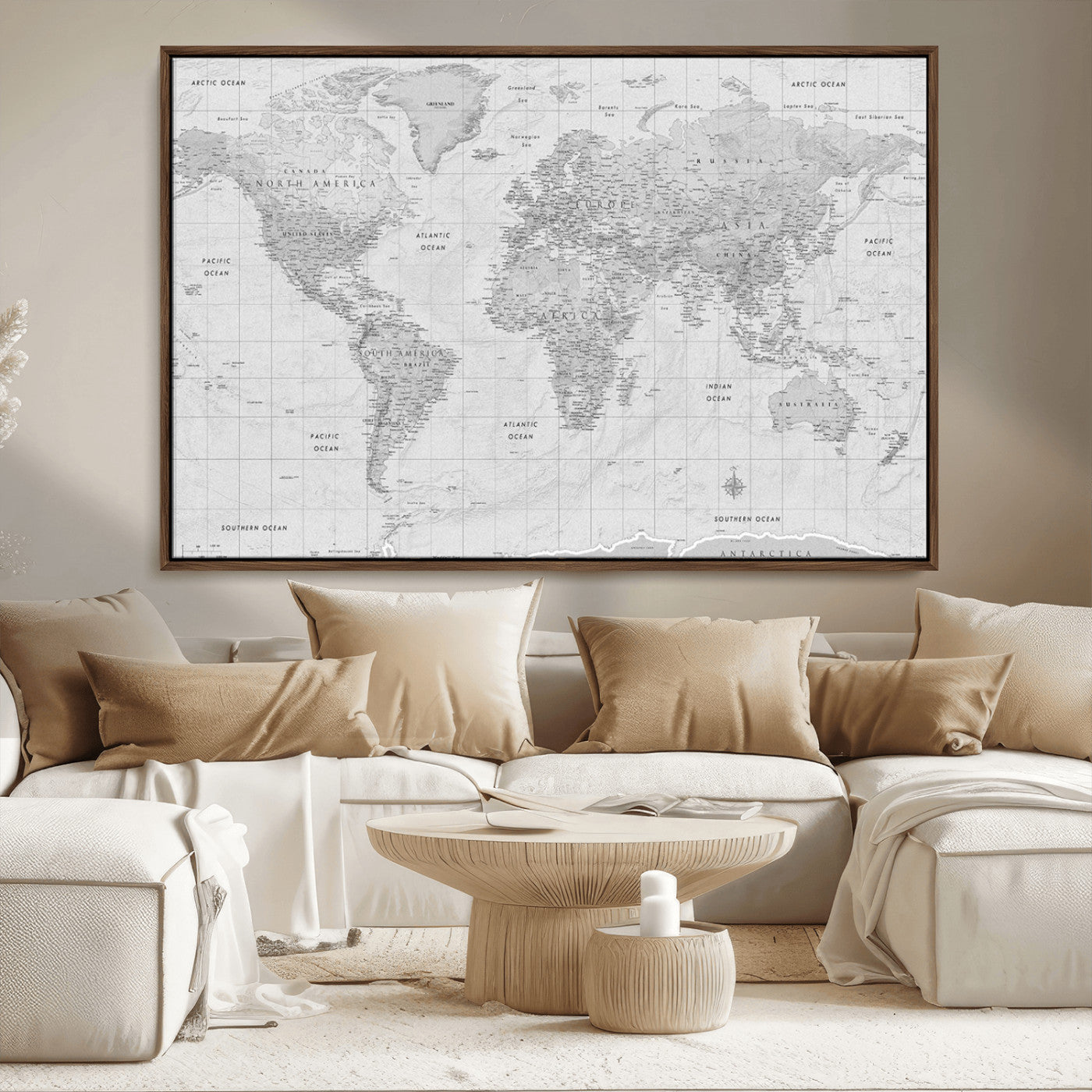 10516725-MGV-CV-36X24-Black and White World Map Wall Art – Minimalist Grayscale Canvas Print – Modern Detailed Travel Map Poster for Home, Office, or