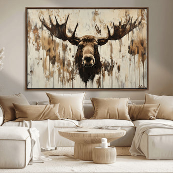 34496536-MGV-CV-36X24-Rustic Moose Wall Art – Modern Abstract Animal Canvas Print – Majestic Moose Head Painting with Neutral Earth Tones for Cabin,