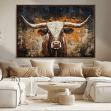 25265572-MGV-CV-36X24-Longhorn Bull Wall Art – Rustic Western Texas Steer Canvas Print, Textured Animal Painting for Home, Office, Man Cave or Farmhouse