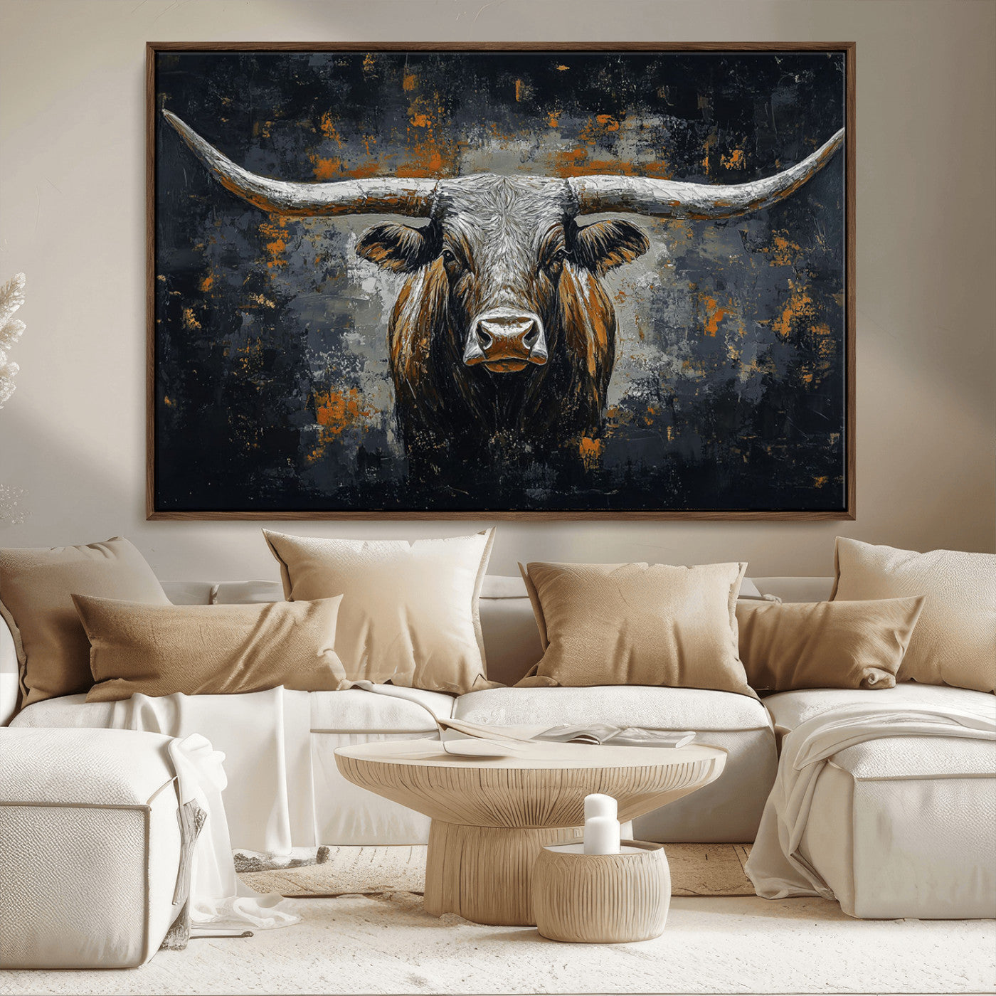 93195031-MGV-FC-36X24_Walnut-Dark Longhorn Bull Wall Art – Western Steer Canvas Print, Moody Rustic Animal Painting for Man Cave, Ranch House, Office or Modern