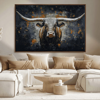 93195031-MGV-FC-36X24_Walnut-Dark Longhorn Bull Wall Art – Western Steer Canvas Print, Moody Rustic Animal Painting for Man Cave, Ranch House, Office or Modern