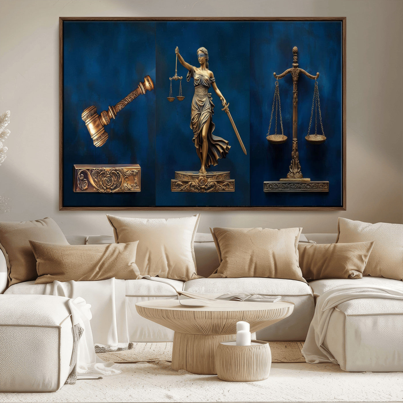 91629053-MGV-CV-36X24-Lady Justice Wall Art – Golden Gavel and Scales Canvas Print, Elegant Legal Office Decor for Lawyers, Judges, Courtroom or Study