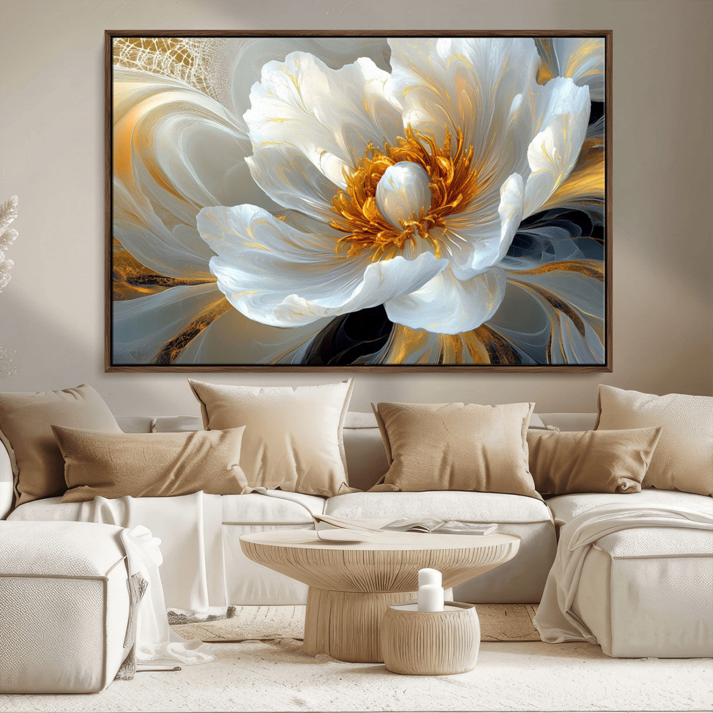 39604126-MGV-CV-36X24-Abstract Flower Wall Art – Elegant White and Gold Bloom Canvas Print, Modern Floral Artwork for Bedroom, Living Room, or Office