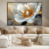 39604126-MGV-CV-36X24-Abstract Flower Wall Art – Elegant White and Gold Bloom Canvas Print, Modern Floral Artwork for Bedroom, Living Room, or Office