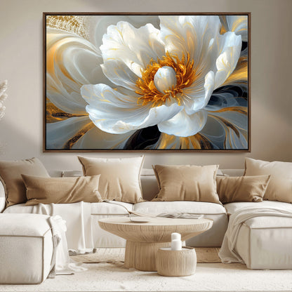 39604126-MGV-CV-36X24-Abstract Flower Wall Art – Elegant White and Gold Bloom Canvas Print, Modern Floral Artwork for Bedroom, Living Room, or Office