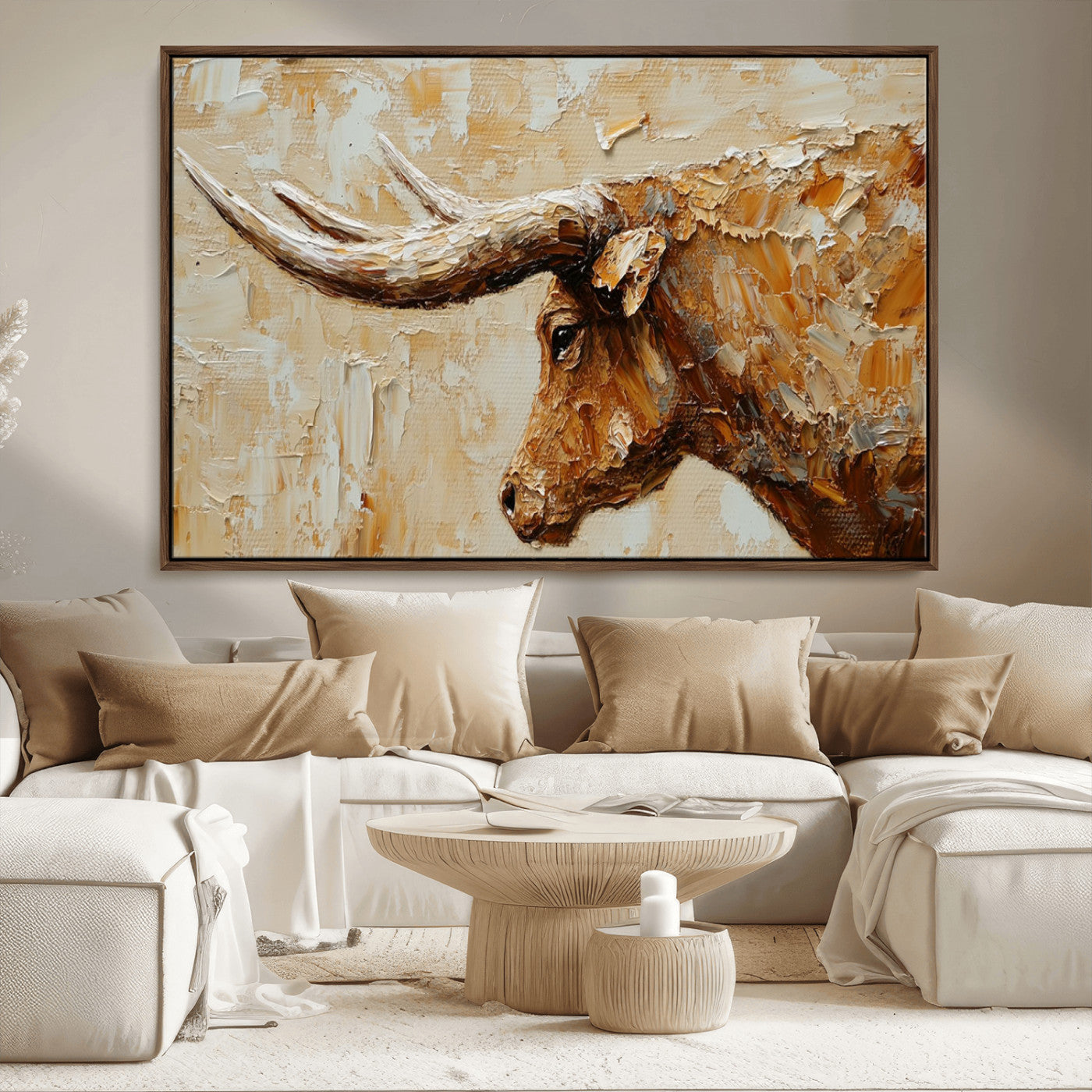 69611428-MGV-CV-36X24-Longhorn Bull Wall Art – Rustic Western Canvas Print, Textured Farmhouse Cattle Painting for Living Room, Office, or Ranch House